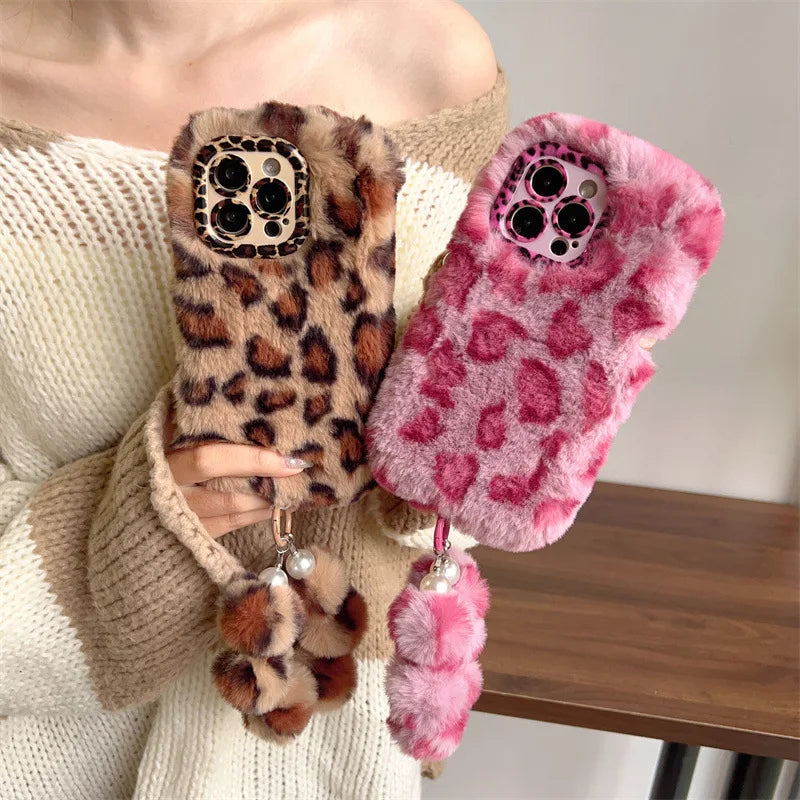 Fashion Leopard Furry Plush Lens Bracket Phone Case For iPhone