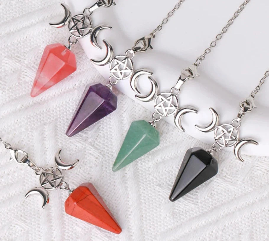 Triple Moon Pentacle Crystal Pendulums