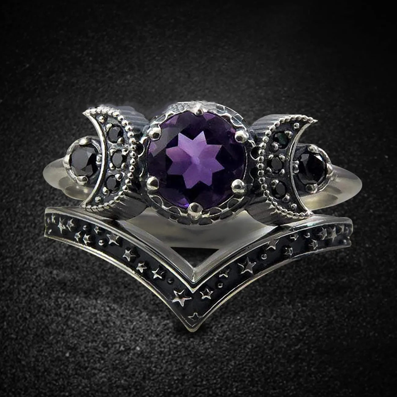 Black Zirconia Stone Triple Moon Ring Set