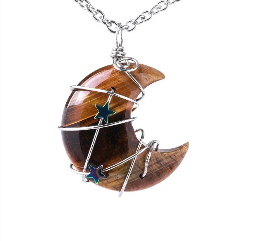Crystal Crescent Moon and Star Silver Necklace