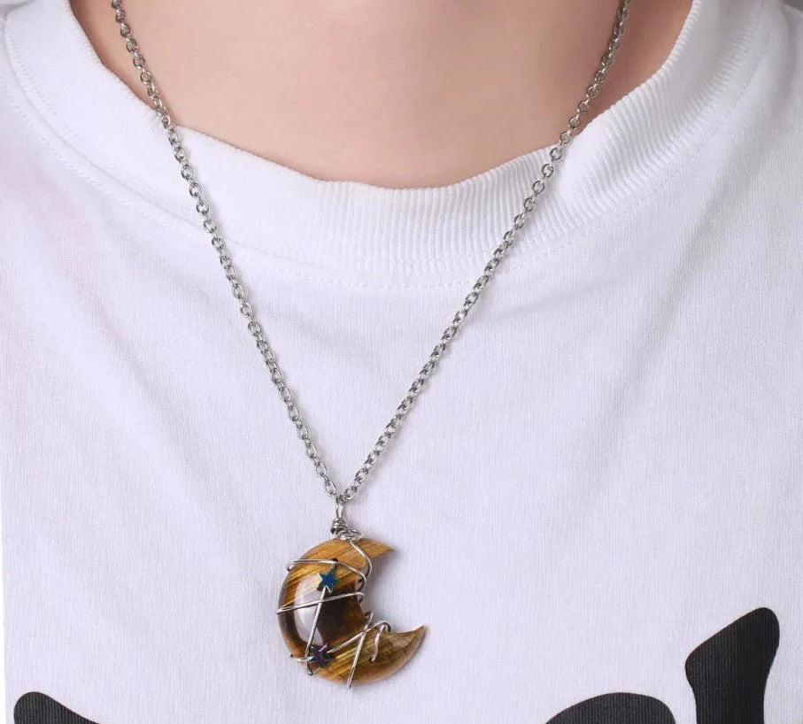Crystal Crescent Moon and Star Silver Necklace