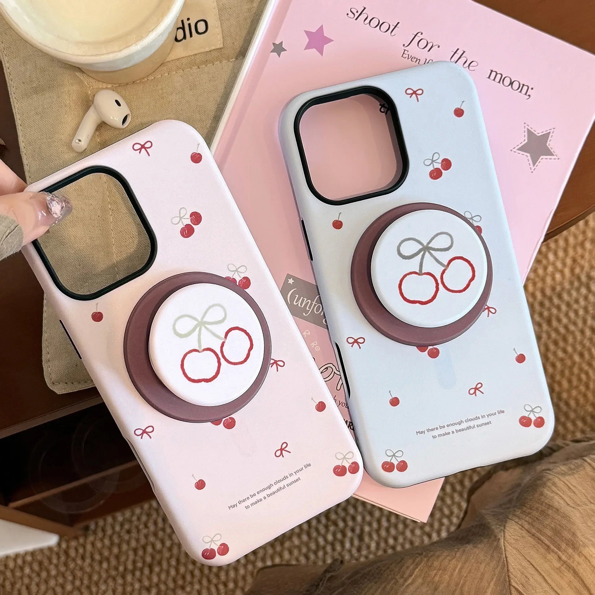 Korea Cute Cartoon Cherry Magnetic Stand Holder Phone Case For iPhone