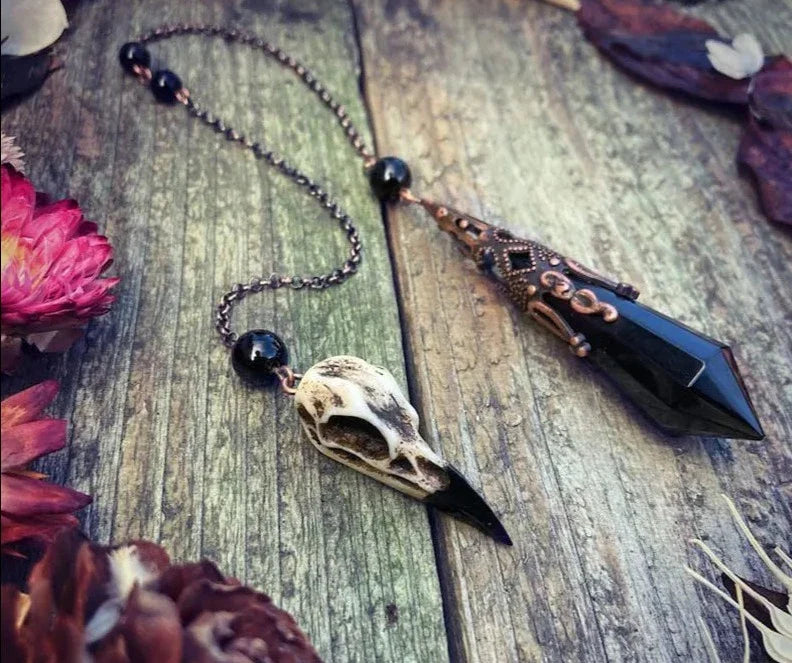 Obsidian Raven Skull Pendulum