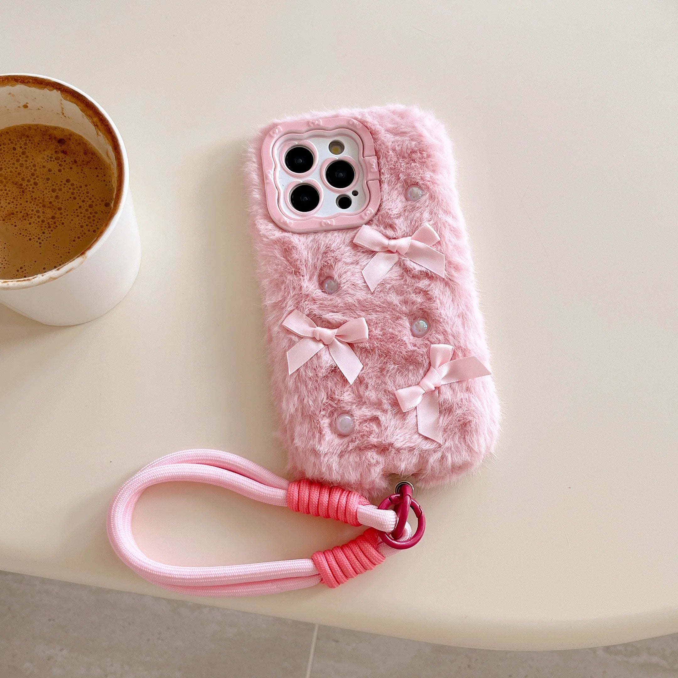 Simple Solid Color Plush Bow Pearl Plush Phone Case
