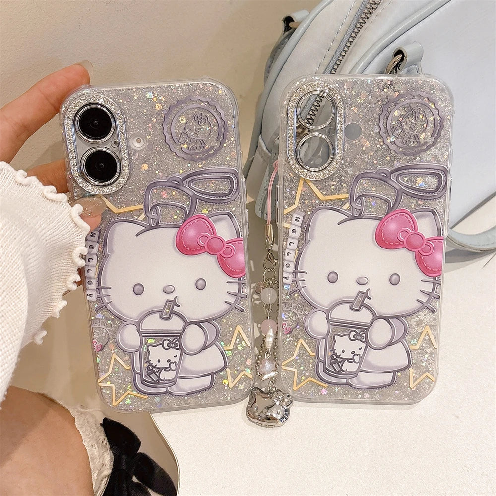 Fashion Glitter Silver Hello Kitty Tea Drinking Pattern Phone Case