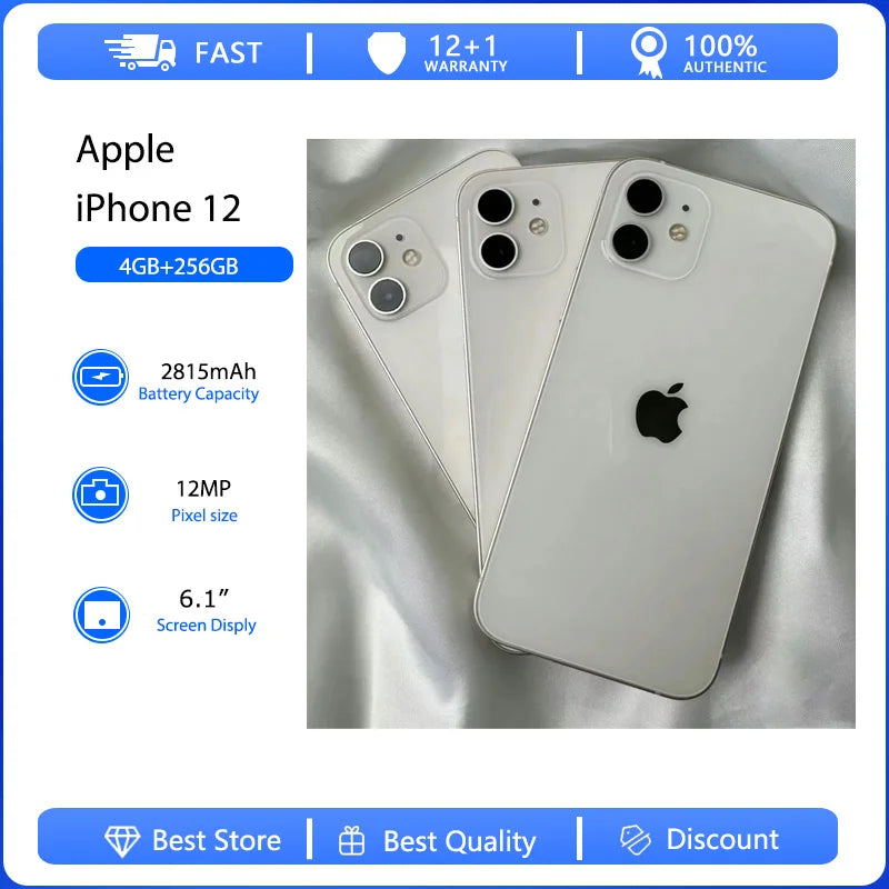 (Refurbished) Apple iPhone 12 5G Face ID Mobile SmartPhone Original Used Unlocked 6.1" 64/128/256GB ROM Hexa-core IOS 12MP Camera