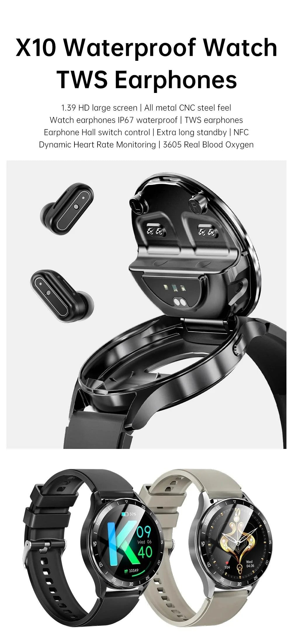 GEJIAN X10 smartwatch TWS 2-in-1 wireless Bluetooth dual earphone call health sports music men and women smartwatch