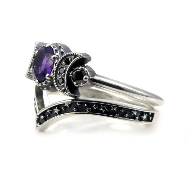 Black Zirconia Stone Triple Moon Ring Set
