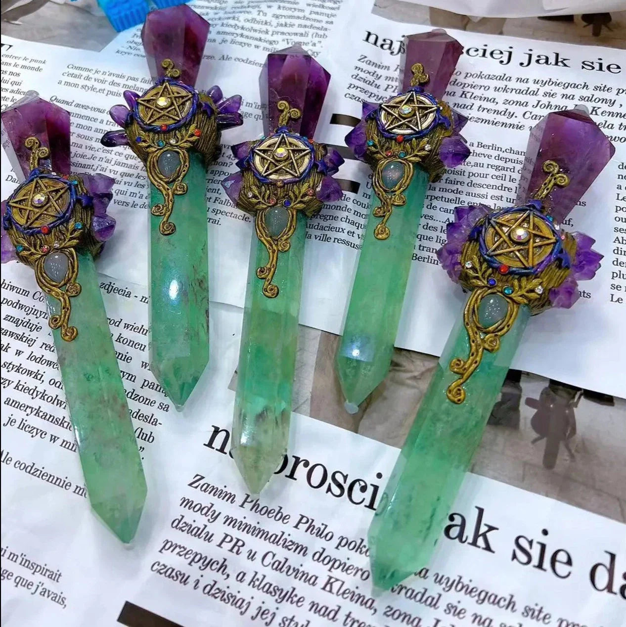 Green Fluorite and Amethyst Pentacle Witch Wand