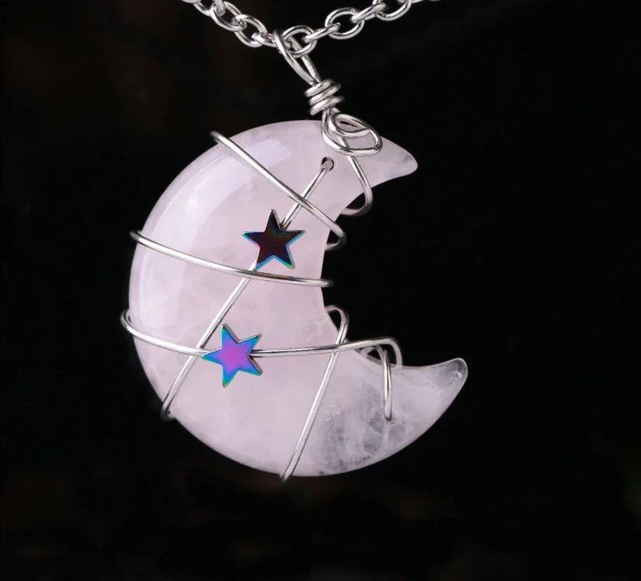 Crystal Crescent Moon and Star Silver Necklace