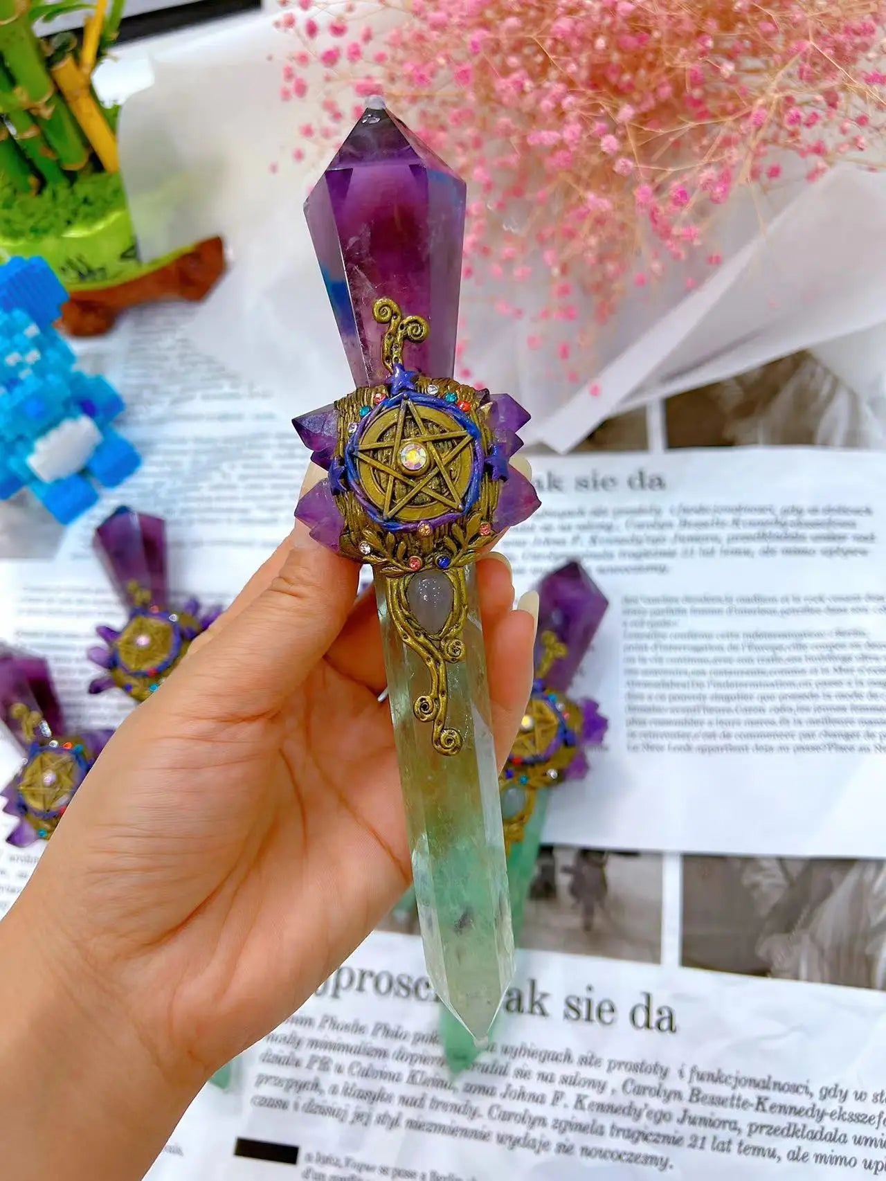 Green Fluorite and Amethyst Pentacle Witch Wand