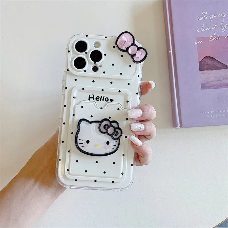 Korean Polka Dot Hello Kitty Bowknot Card Slot Bag Holder Phone Case For iPhone