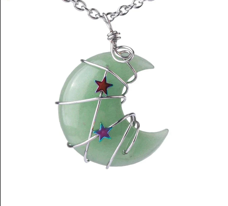 Crystal Crescent Moon and Star Silver Necklace