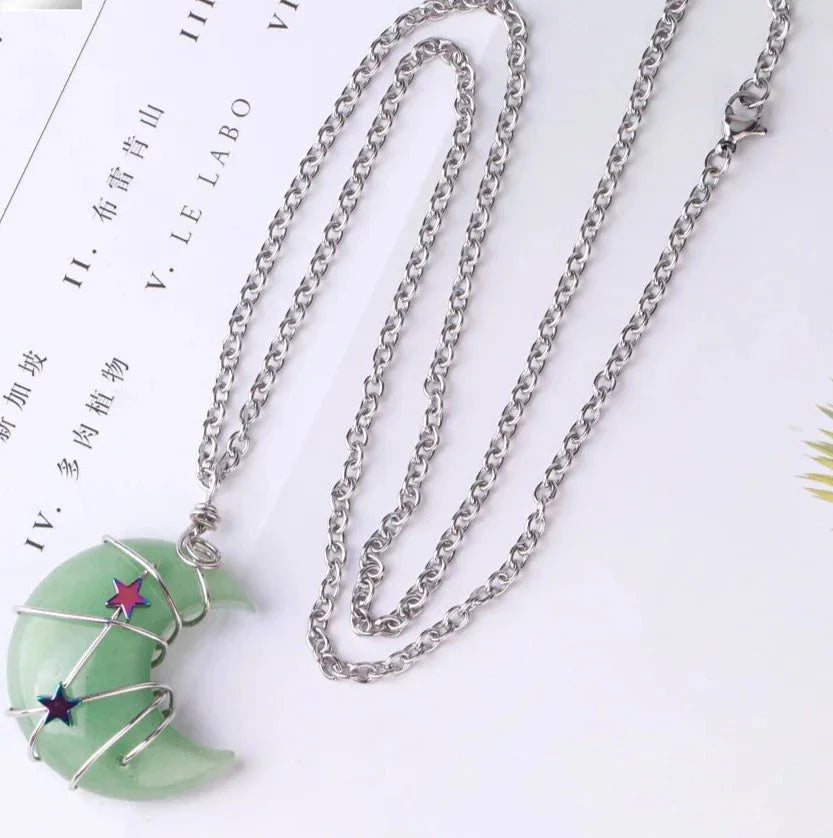 Crystal Crescent Moon and Star Silver Necklace
