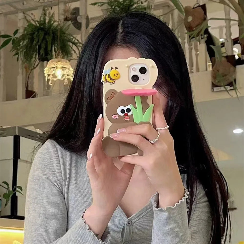 Kawaii 3D Cartoon Bear Holding Tulip Phone Case