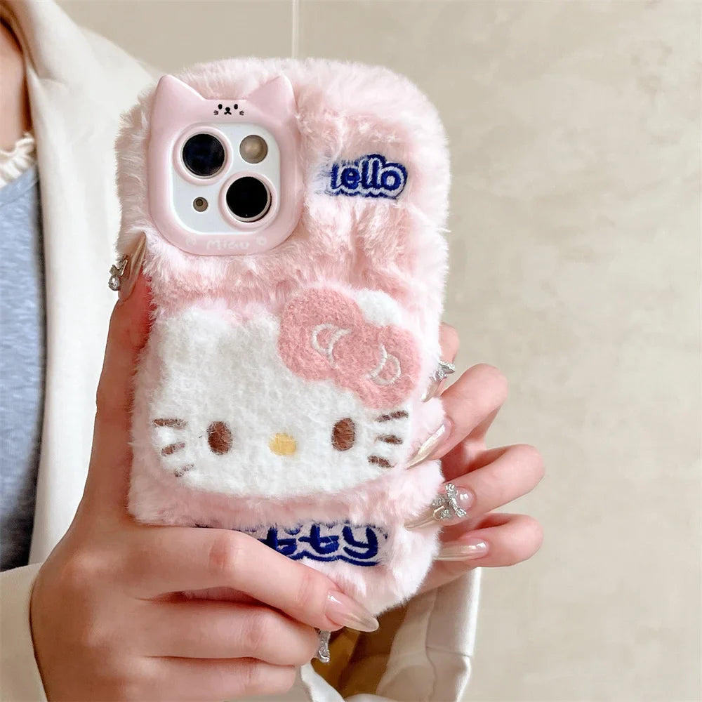 Cartoon Hello Kitty Plush Cat Ears Warm Winter Furry Fur Cover Phone Case