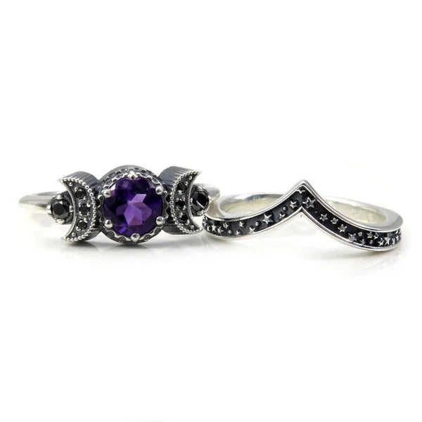 Black Zirconia Stone Triple Moon Ring Set