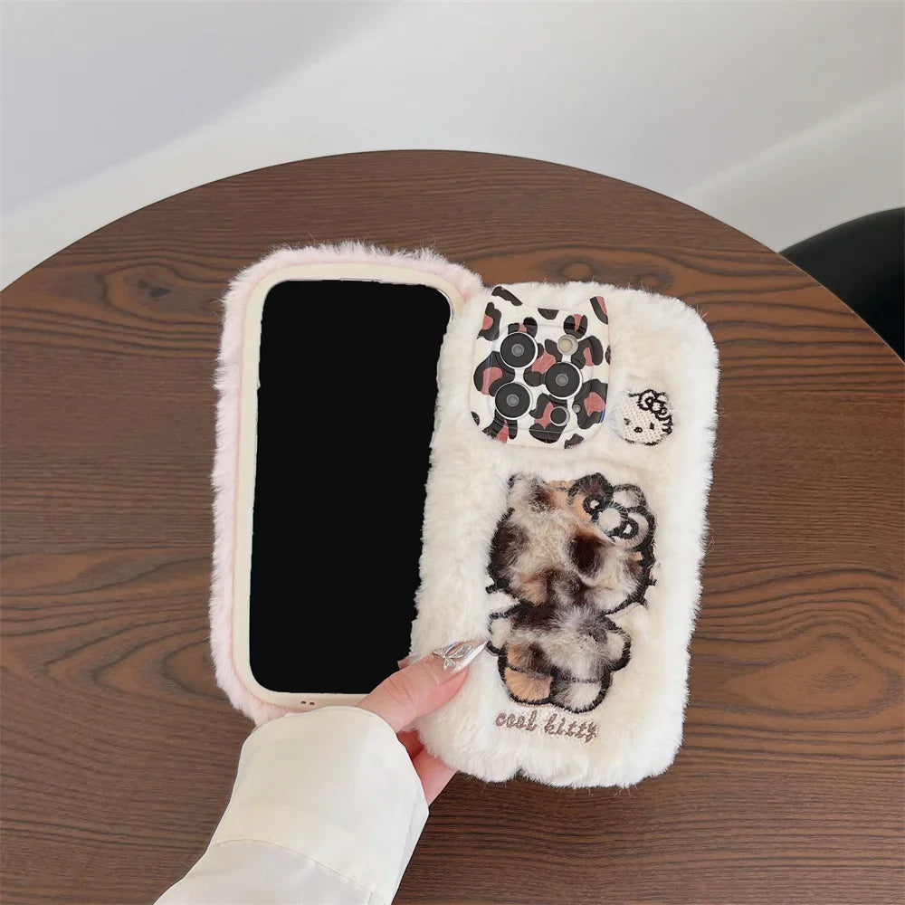 Cartoon Fluffy Hello Kitty Plush Cat Ears Phone Case