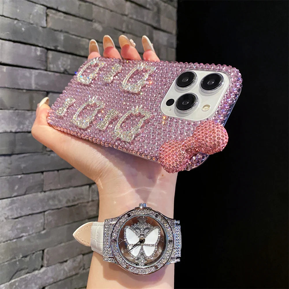 Full Diamond Glitter Hello Kitty Face Pink Bow Phone Case