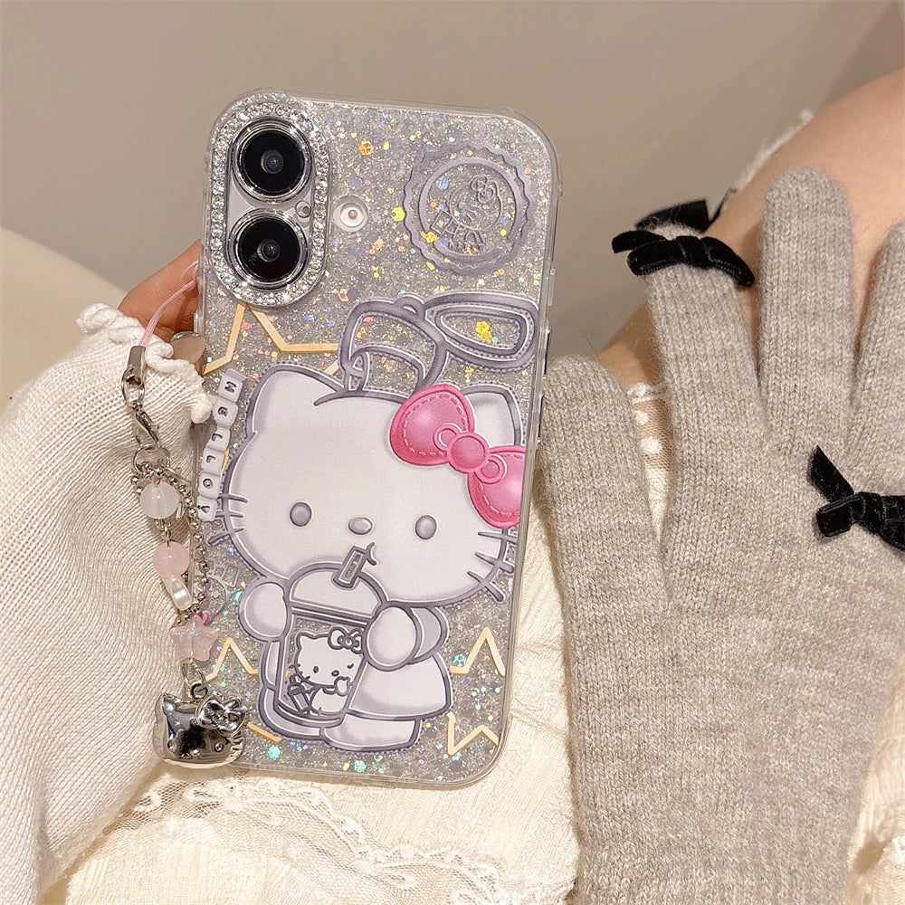 Fashion Glitter Silver Hello Kitty Tea Drinking Pattern Phone Case