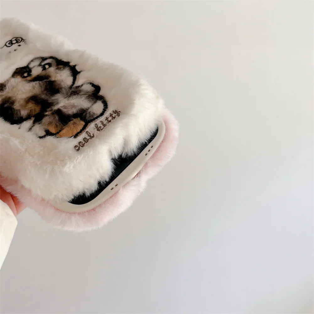 Cartoon Fluffy Hello Kitty Plush Cat Ears Phone Case