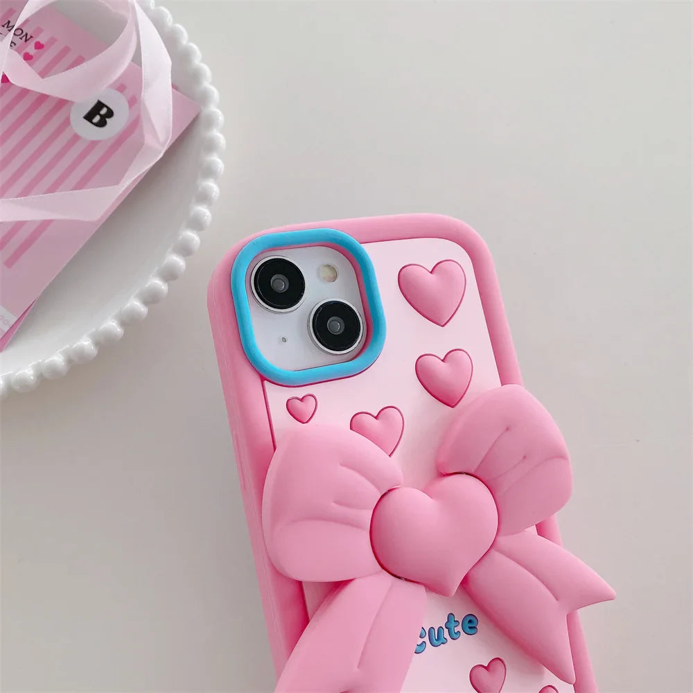 3D Cartoon Pink Love Bow Holder Phone Case