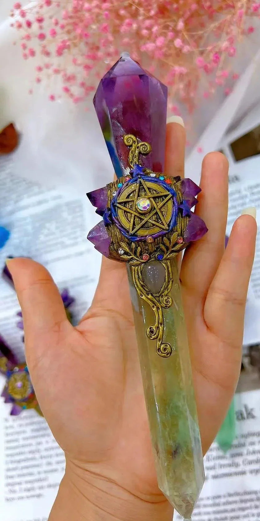 Green Fluorite and Amethyst Pentacle Witch Wand