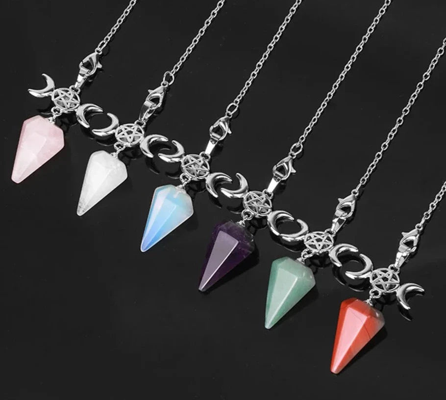 Triple Moon Pentacle Crystal Pendulums