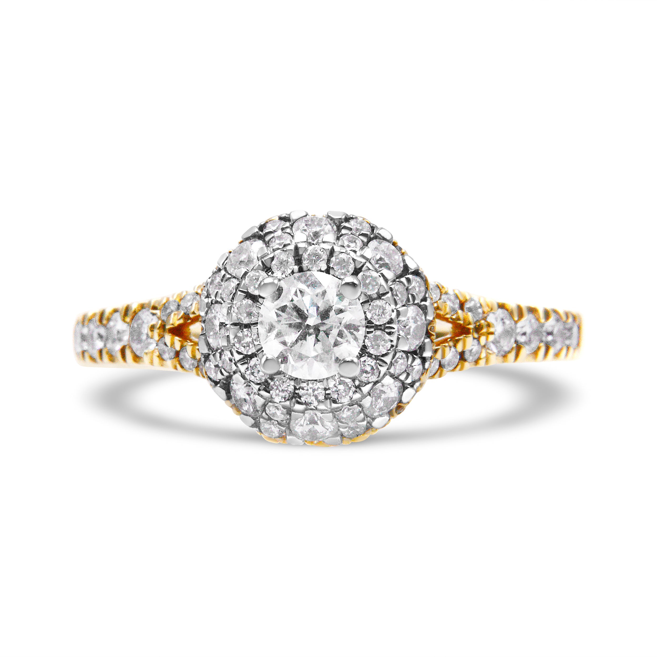 14K Yellow And White Gold 1.00 Cttw Split Shank Halo Floral Diamond Engagement Ring ( I-J Color, I1-I2 Clarity) - Size 7