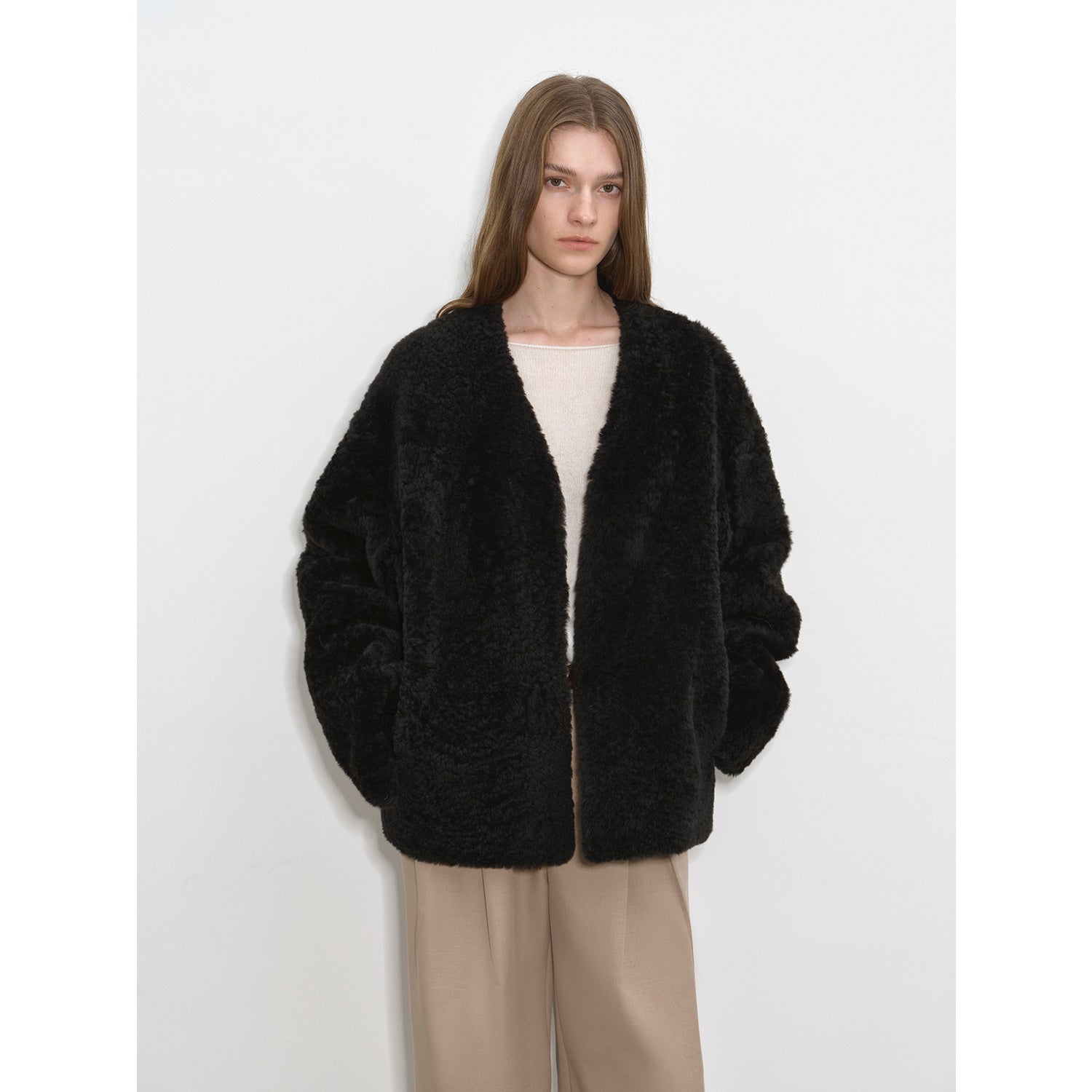 "Paris Night" luxury lightweight v-neck mid-length imported ragone sheepskin fur coat-5