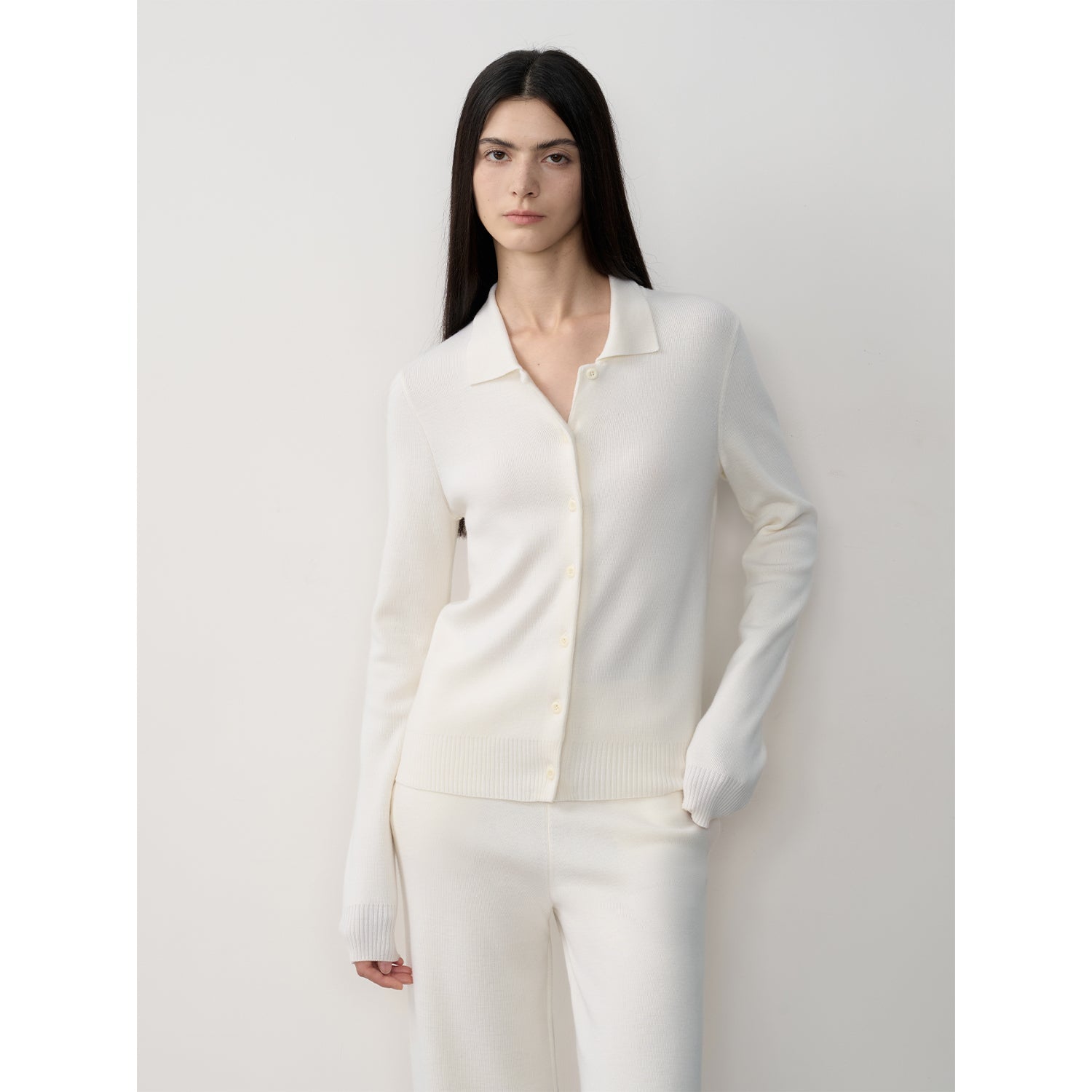"Lazy urban" Yangtze Merino wool polo-neck cardigan straight-leg knitted pants suit-5