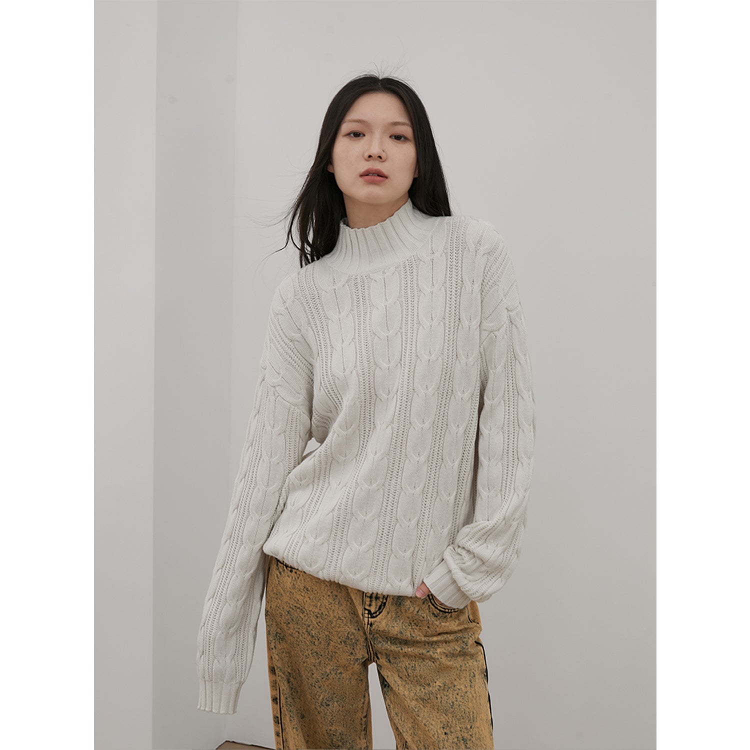 Women’s Merino Wool Twisted Oversized Sweaters Turtleneck Long Sleeve Top，“Autumn Moon Star Sea”-0