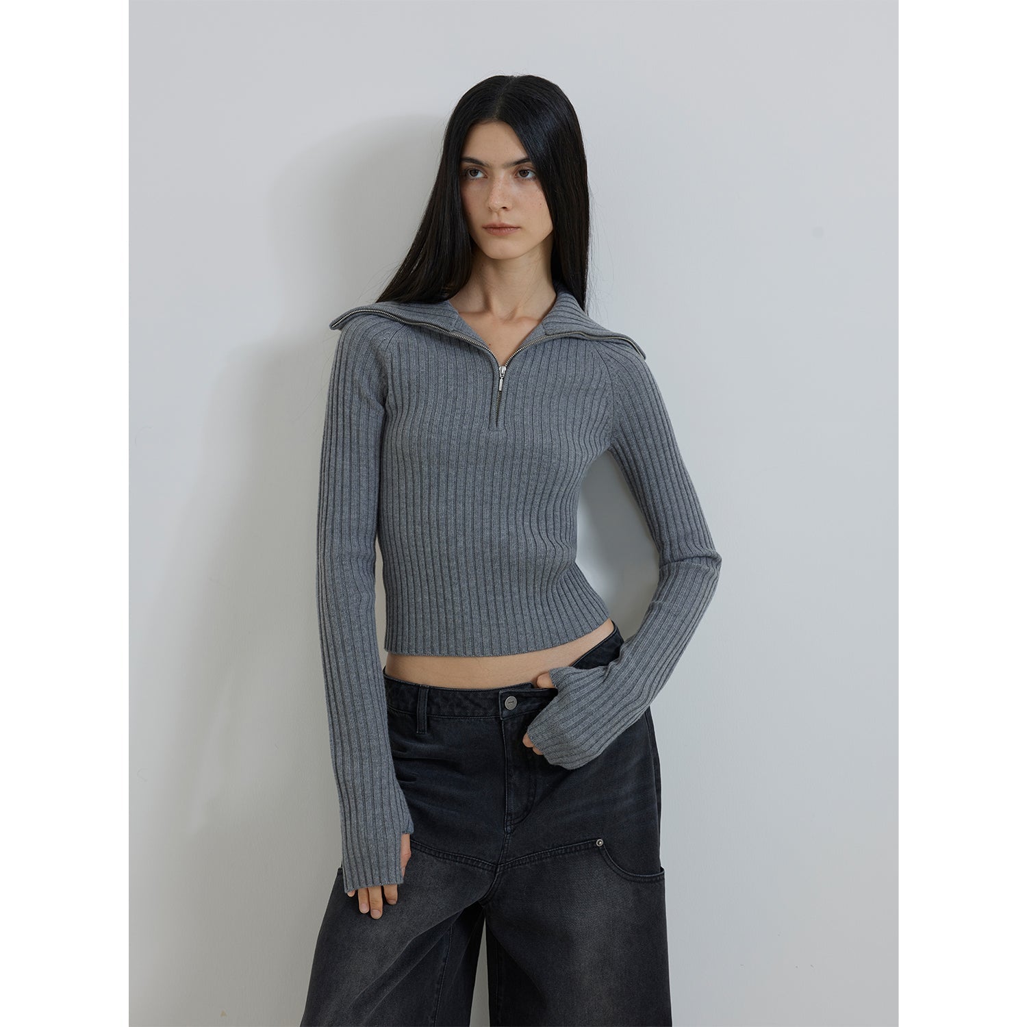 ireladyfur Women's Merino Wool Ribbed Zip-Up Sweater"Fallen Leaf Street"-7