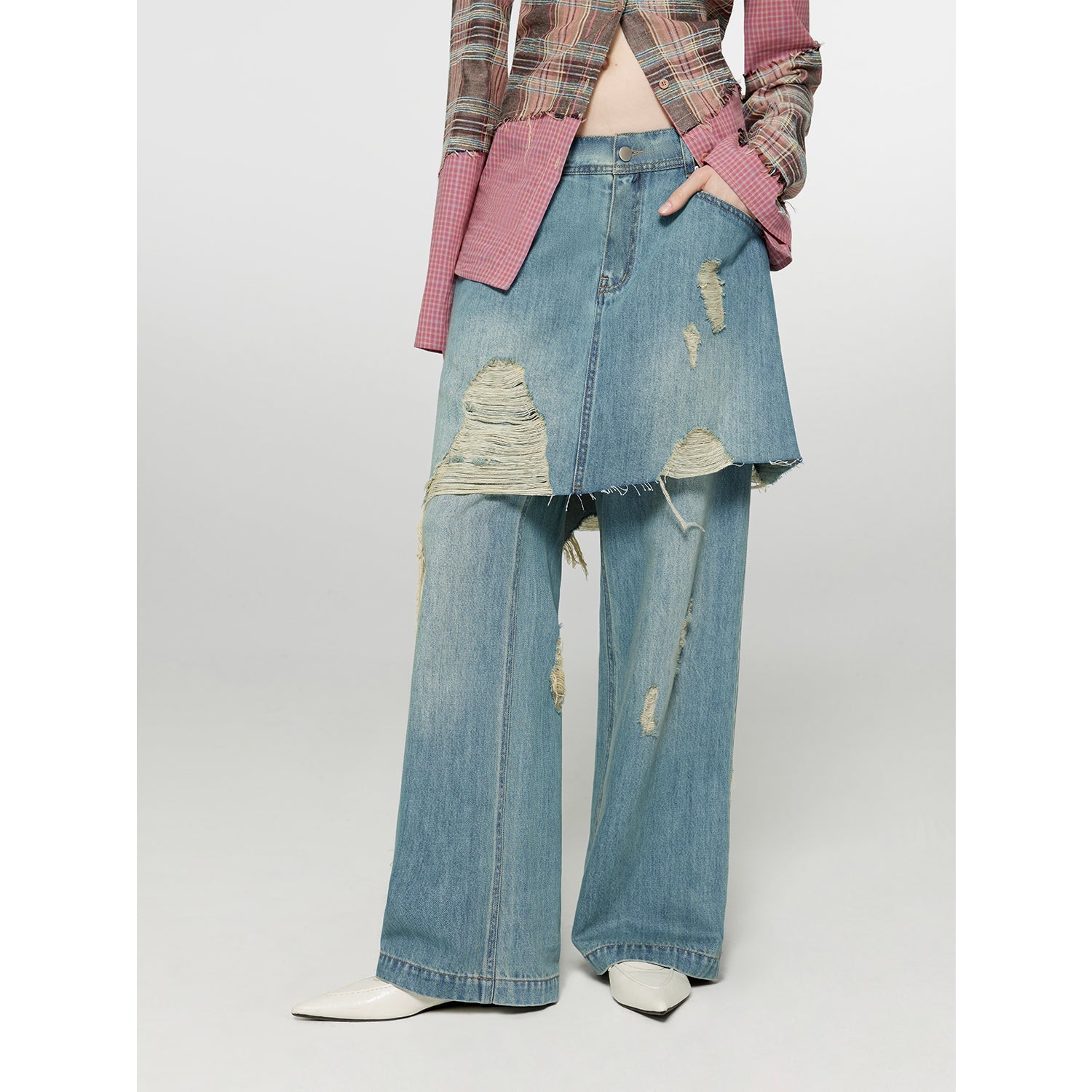 Tencel blended fake two-piece stitching jeans women's ripped raw edge straight wide-leg pants"Fashionable Sniper"-1