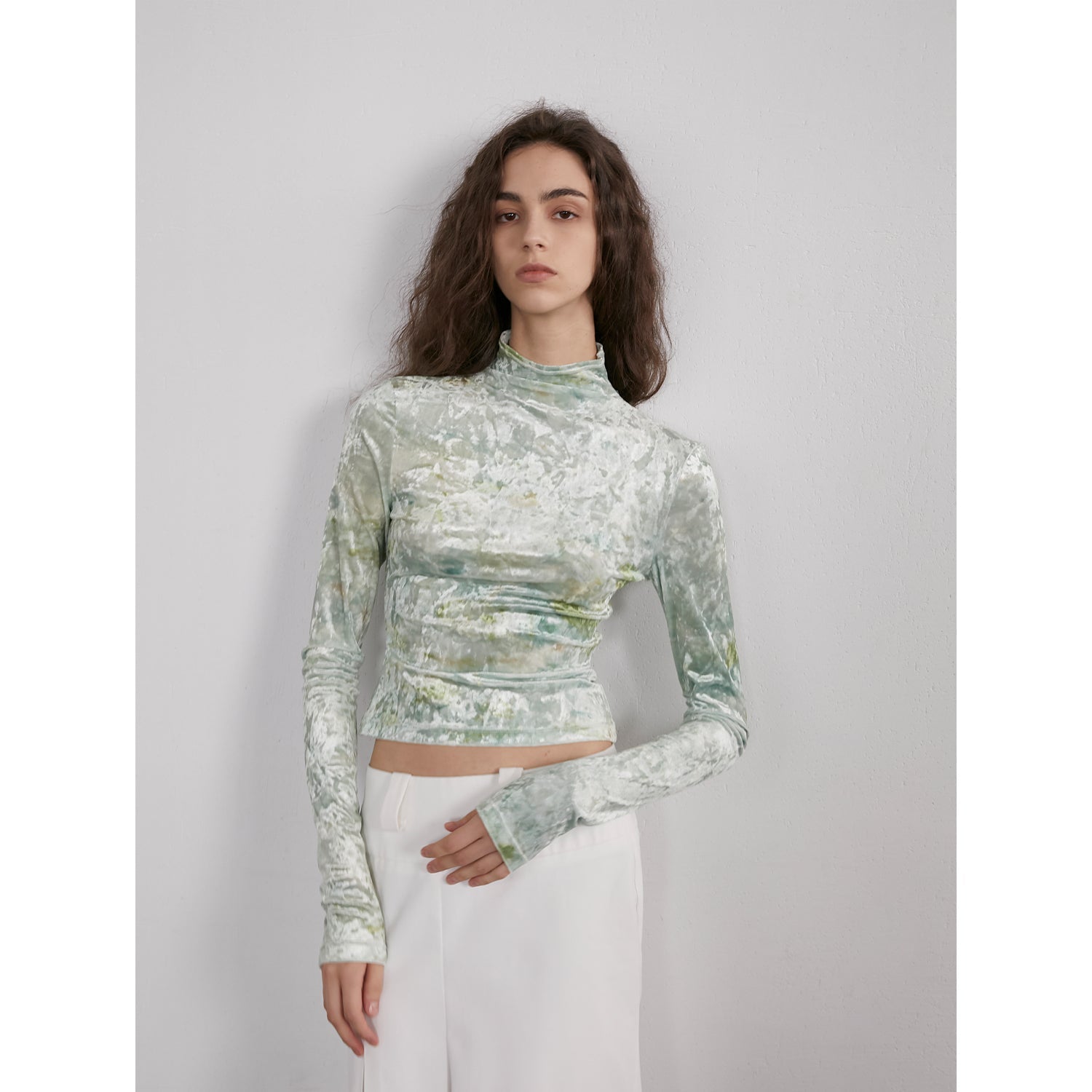 "Warm Sugar Latte" Smudge Print Velvet Long Sleeve Bottoming Shirt Women's Half Turtleneck T-shirt-1