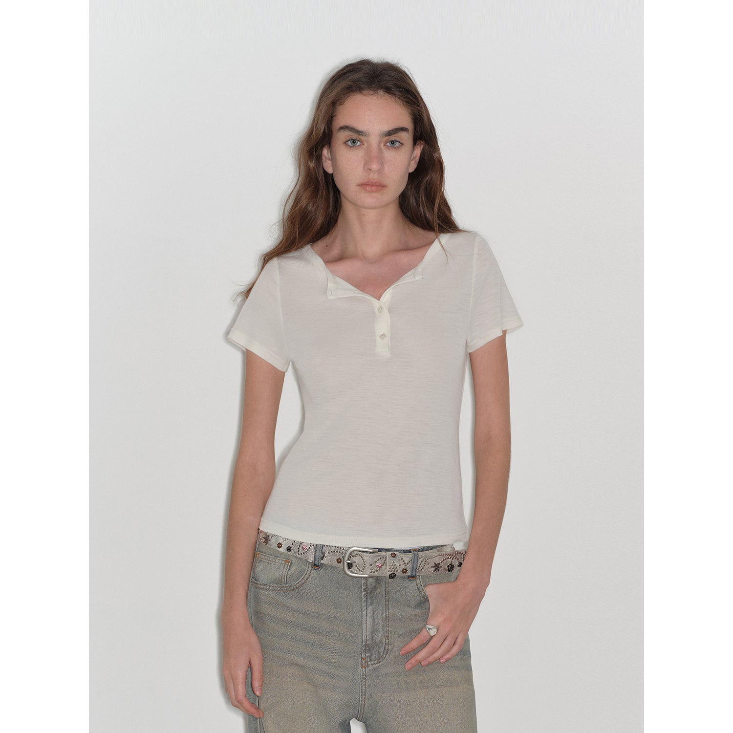 "Simple Advent" Fine Australian Wool Skin-Friendly Fit Henley Neck Tight T-Shirt-0