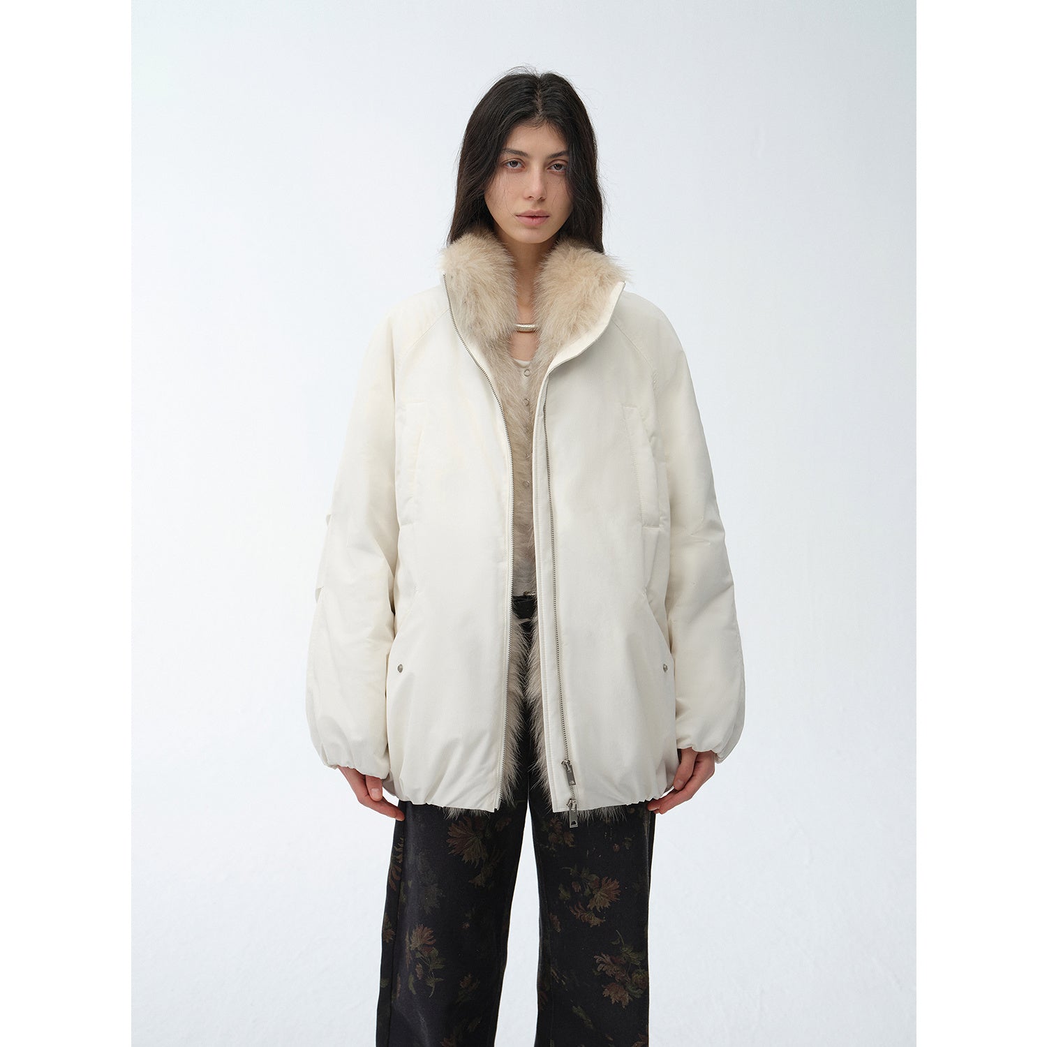 "Warm Dialogue" Two-tone fox fur collar detachable 90 goose down jacket mid-length down parka-6