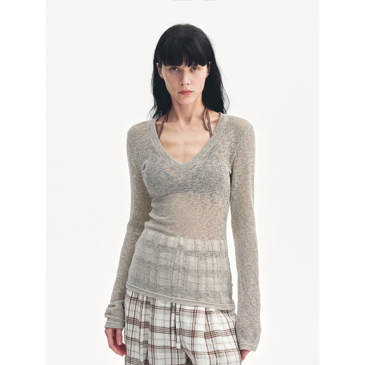 "Spring Old Dream" Loose and versatile slightly hollow V-neck straight shoulder top-5