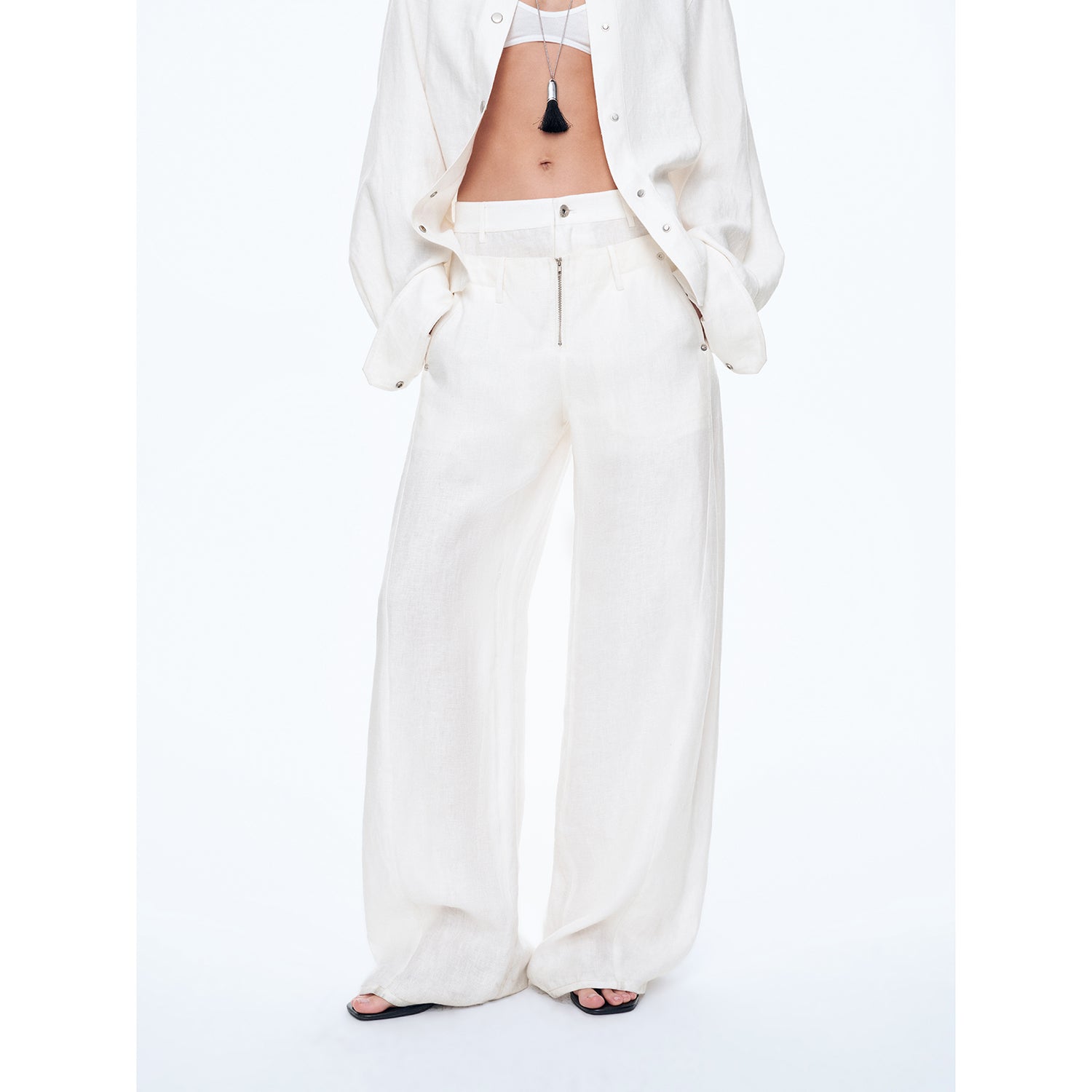 Old money style linen material stand-up silhouette double waist scimitar casual trousers spring"Berlin Street"-6