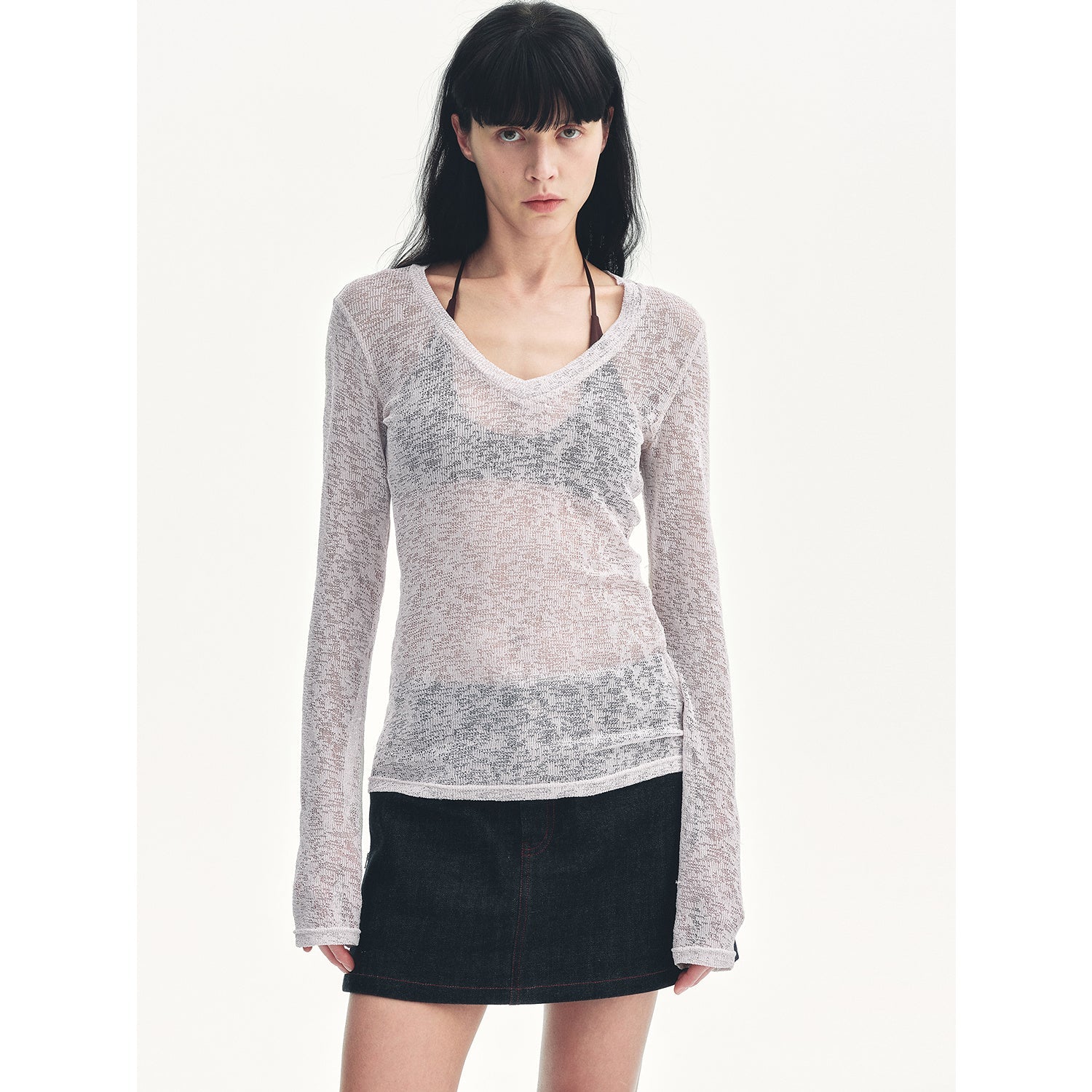 "Spring Old Dream" Loose and versatile slightly hollow V-neck straight shoulder top-1