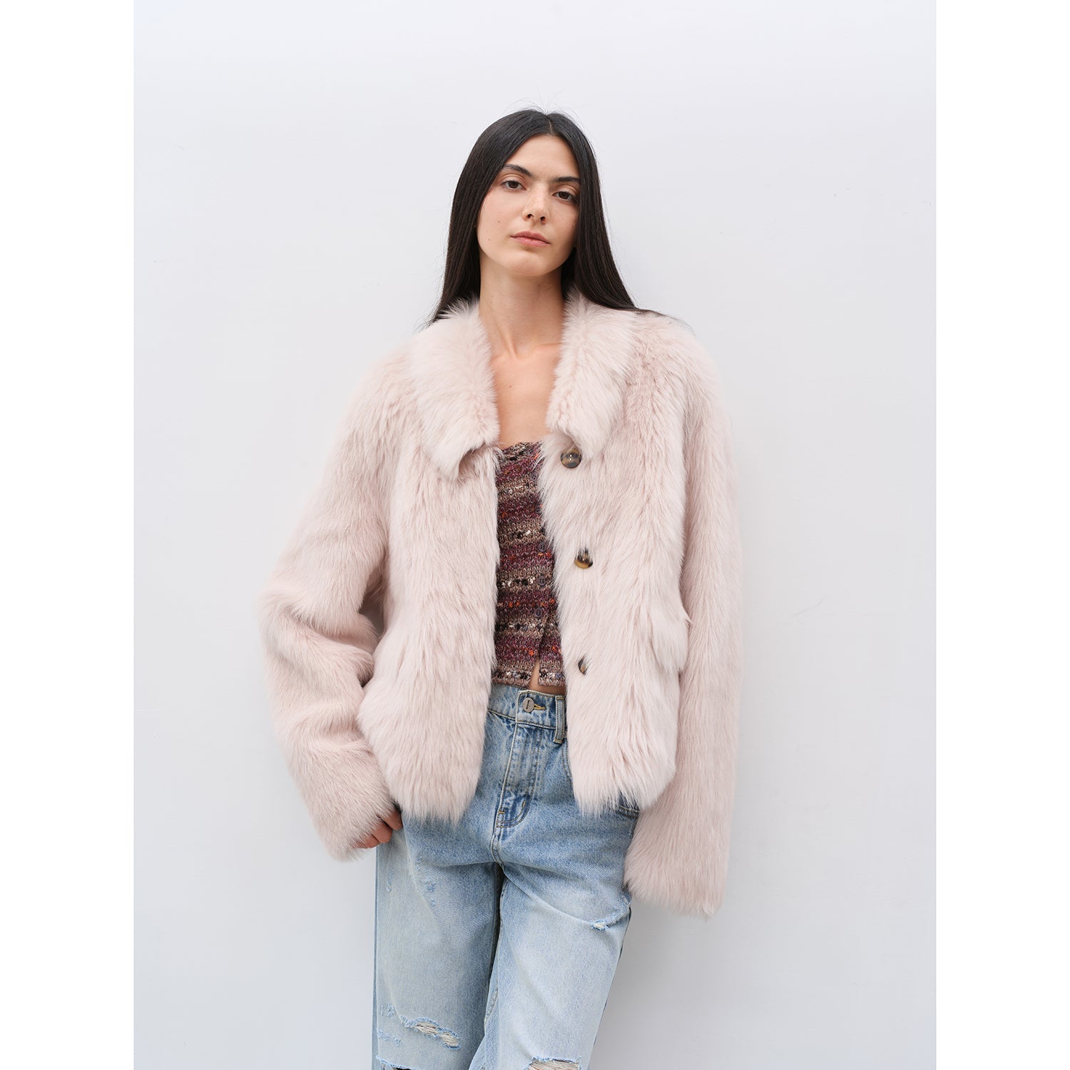 "Dream Walk" long lapel Tuscan wool sheepskin short fur coat for women-8