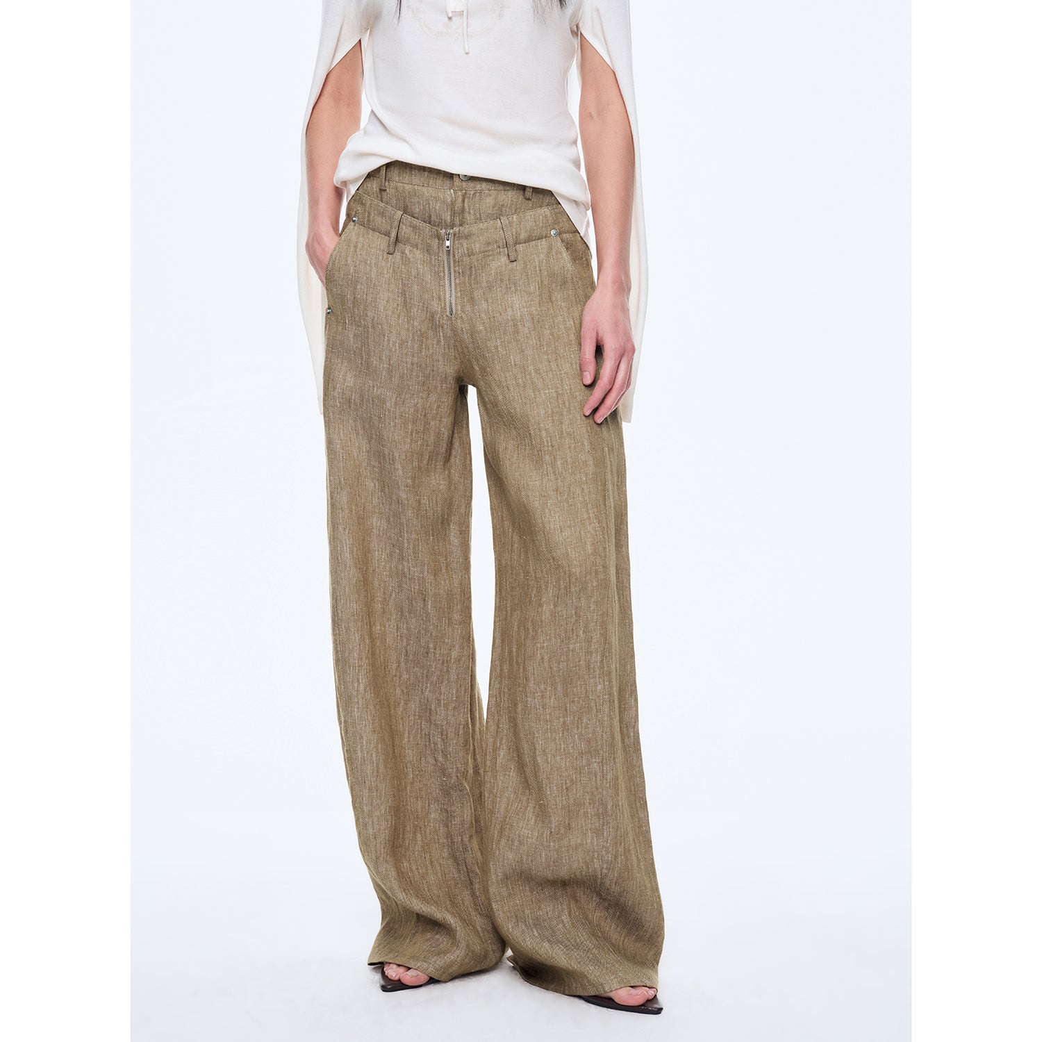 Old money style linen material stand-up silhouette double waist scimitar casual trousers spring"Berlin Street"-5