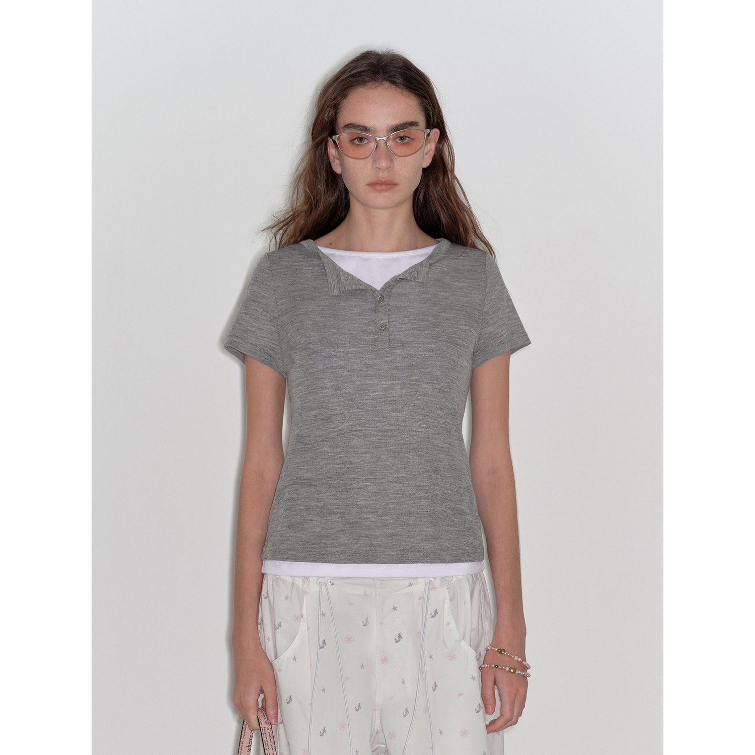 "Simple Advent" Fine Australian Wool Skin-Friendly Fit Henley Neck Tight T-Shirt-1