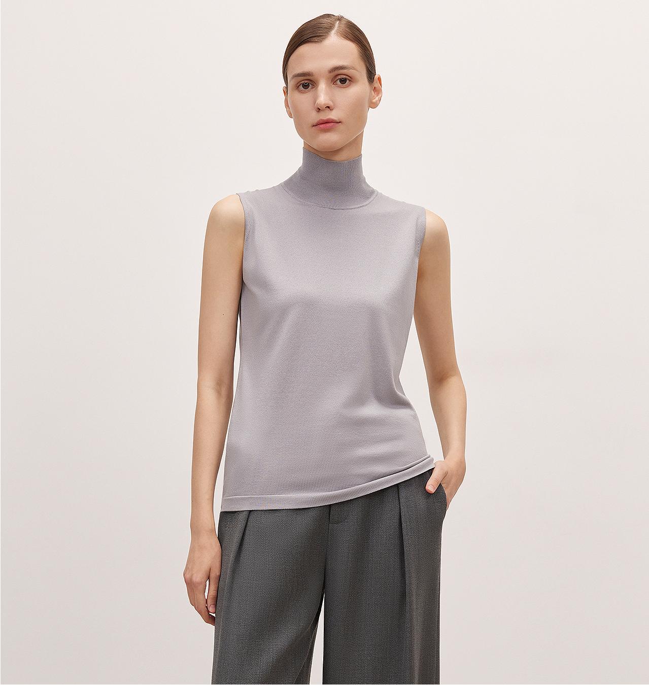Triacetate mixed tencel high collar knitted sleeveless vest-8