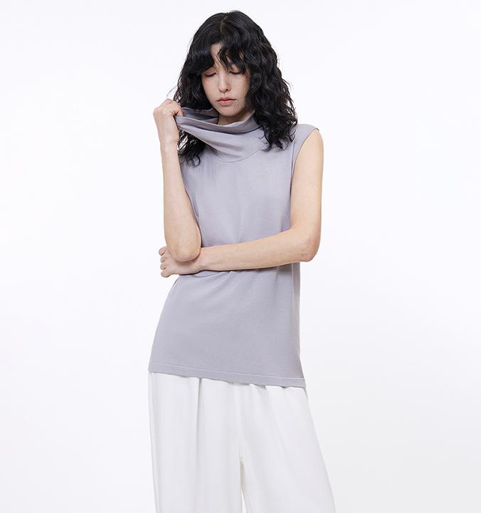 Triacetate mixed tencel high collar knitted sleeveless vest-6