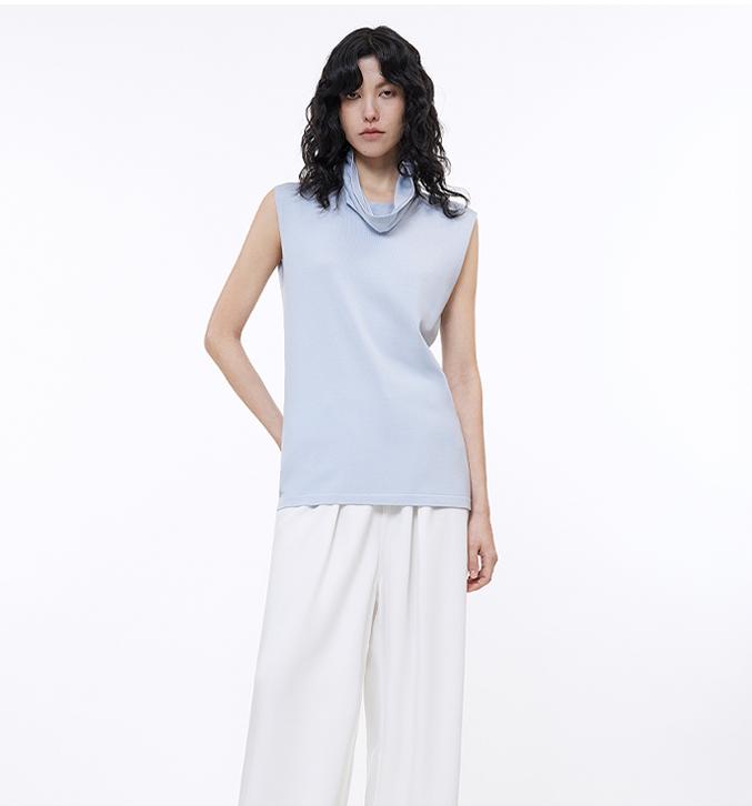 Triacetate mixed tencel high collar knitted sleeveless vest-7