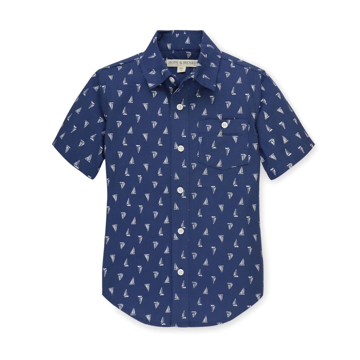 Baby Seersucker Short Sleeve Button Down Shirt - Blue Sailboats Seersucker