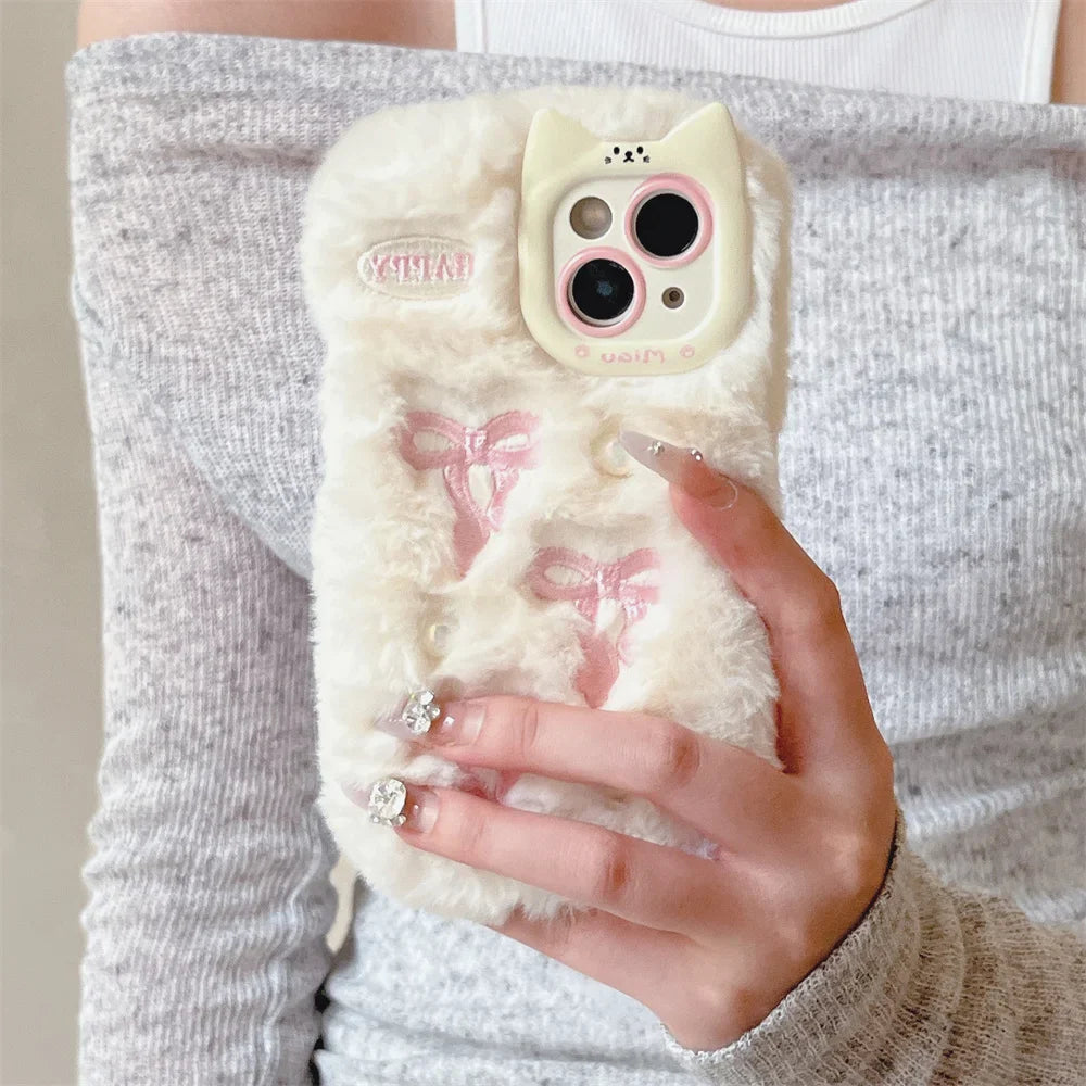 Soft Fluffy Plush bowknot Cat Ears 3D Pearl Phone Case
