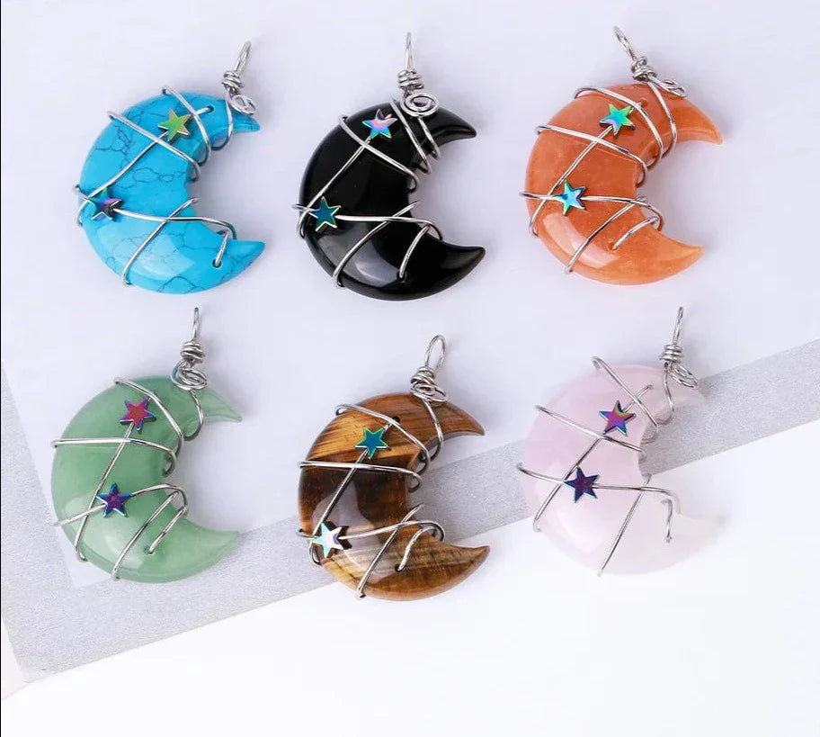 Crystal Crescent Moon and Star Silver Necklace