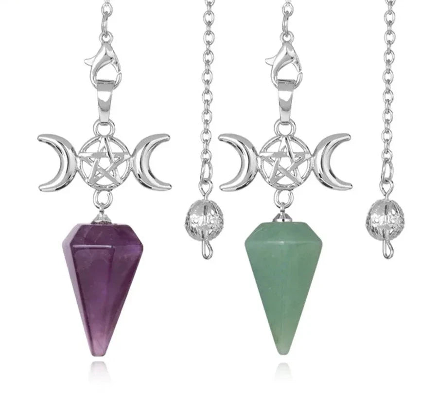 Triple Moon Pentacle Crystal Pendulums